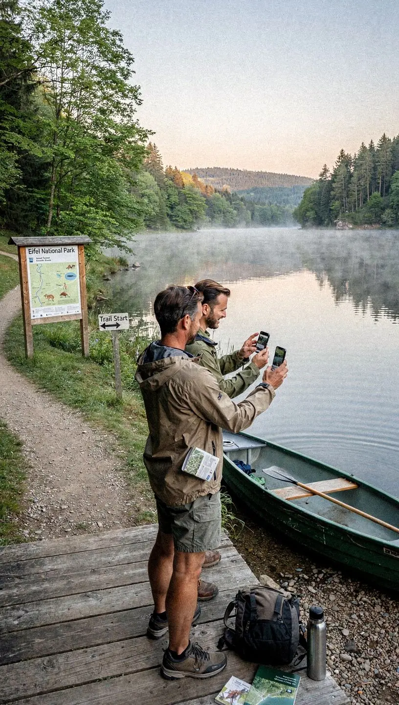 Wanderer mit Rucksack auf einem gut ausgeschilderten Naturpfad, umgeben von typisch deutscher Mittelgebirgslandschaft.